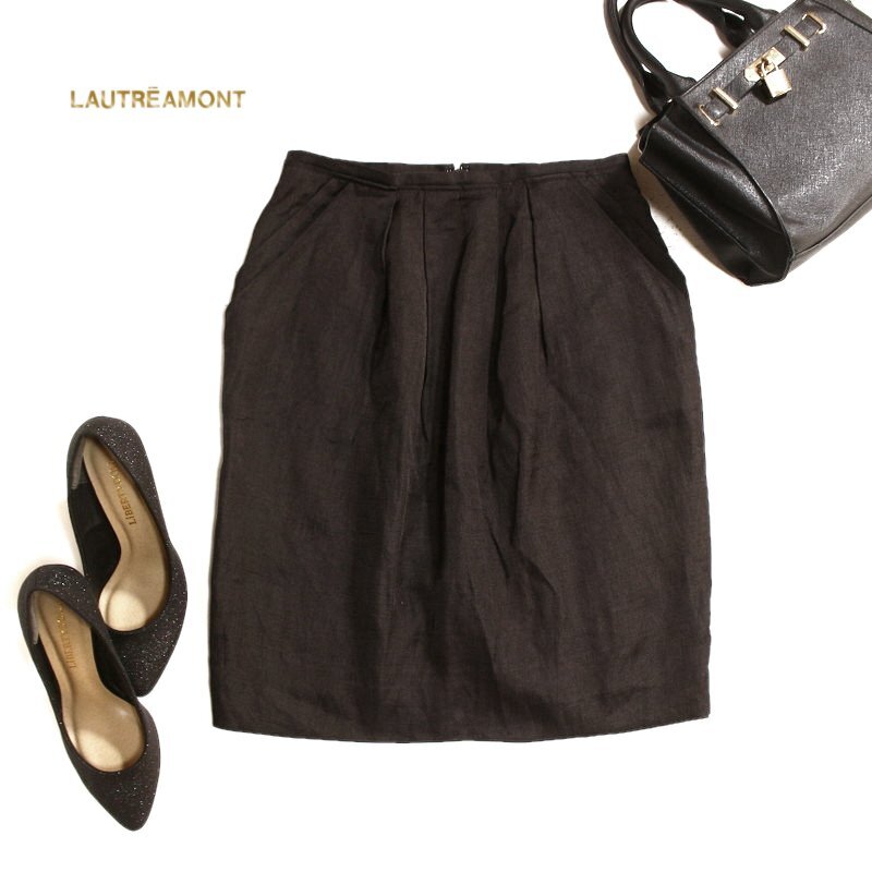 美品 ロートレアモン LAUTREAMONT 合物 ほんのり艶 麻 リネン タック タイトスカート 7号 36 ダークブラウン 36 S オフィス 通勤 綺麗め拍卖