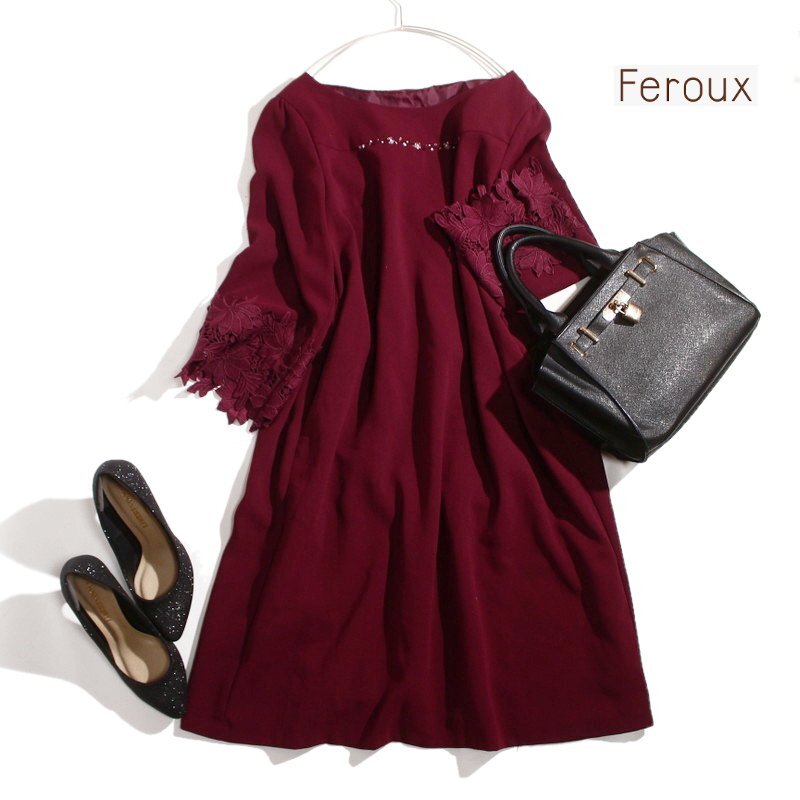 美品 Feroux フェルゥ 株) オンワード樫山 刺繍 フラワー レース シフォン 切替 フォーマル ワンピース ドレス 9号 2 ダークレッド 赤拍卖