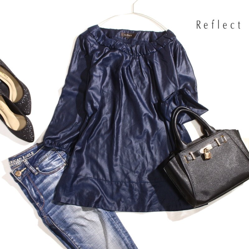 美品 リフレクト Reflect 株) ワールド 合物 艶 ギャザー デザイン 綺麗め 8分袖 カットソー ブラウス 11号 ネイビー 紺 オフィス 通勤拍卖
