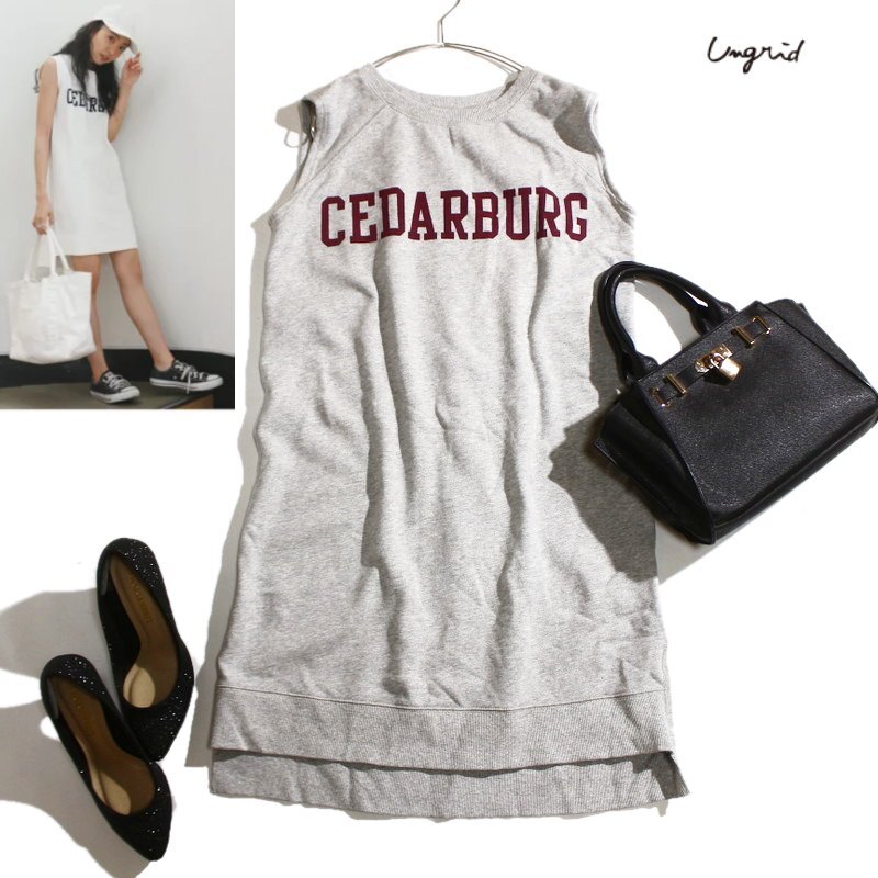 美品 Ungrid アングリッド 夏 CEDARBURG 英字ロゴ スウェットワンピース カジュアル ワンピース F グレー トレーナー ワンピース拍卖