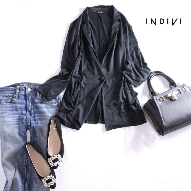 薄手 インディヴィ INDIVI 株) ワールド 合物 ストレッチ 素材 ♪ 大人綺麗 長袖 テーラードジャケット 5号 ブラック 黒 ビジネス ミセス拍卖