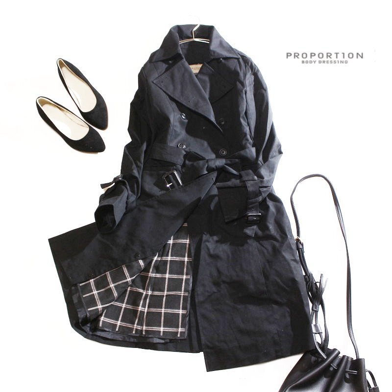 プロポーションボディドレッシング 定番 ライナー付き クラッシック ロング トレンチコート 1 XS 7号 ブラック 合物 秋 春 お洒落 ミセス拍卖