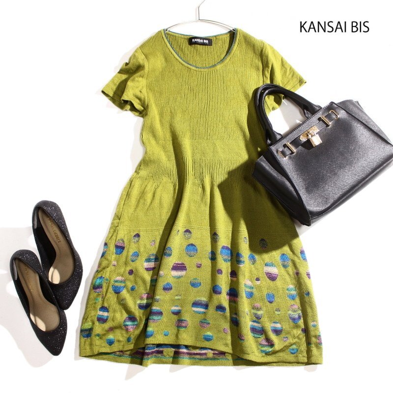 美品 KANSAI BIS カンサイビス 秋 冬 ストレッチ リブ切替 半袖 ニットワンピース くすみグリーン 抹茶 黄緑 ワンピース ドット 柄 ミセス拍卖