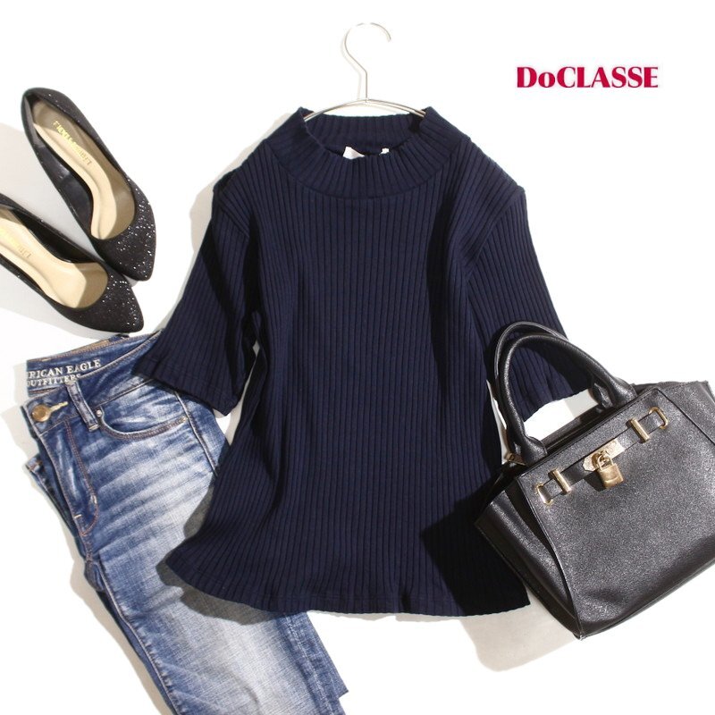 美品 DoCLASSE ドゥクラッセ 春 夏 コットン リブニットカットソー 半袖 ニットカットソー L ネイビー 紺 ミセス タイト シンプル 合物拍卖