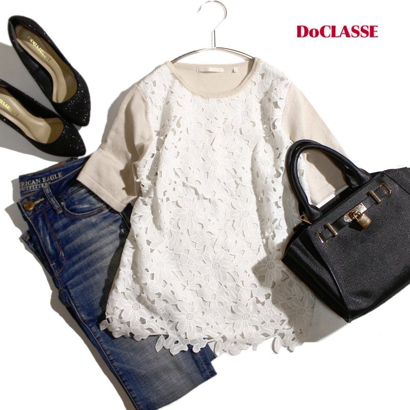 美品 DoCLASSE ドゥクラッセ 合物 上品 ミセス ビーズ刺繍 レース ウール 半袖 ニットカットソー ライトベージュ ホワイト 白 オフィス拍卖