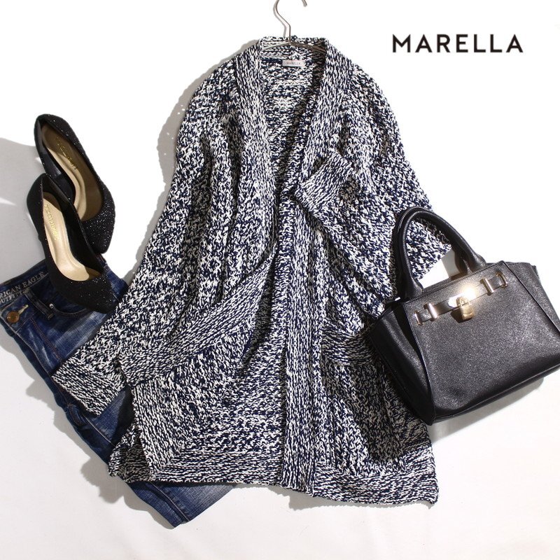 美品 MARELLA マレーラ マックスマーラ 株) 三喜商事 ざっくり コットン ミックス ロングニットカーディガン ネイビー 紺 ホワイト 白 厚手拍卖