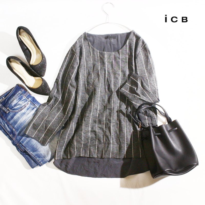 美品 ICB アイシービー 株) オンワード樫山 合物 秋 冬 ストライプ柄 ジャージ― ゆったり フェイクレイヤード デザイン カットソー グレー拍卖