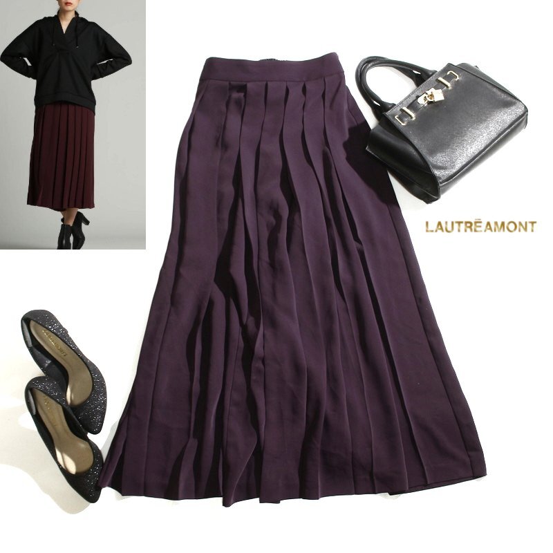美品 ロートレアモン LAUTREAMONT 通年 ジャージ― ウエストゴム フリルサテン プリーツ ワイドパンツ 9号 38 ダークパープル 紫 パンツ拍卖