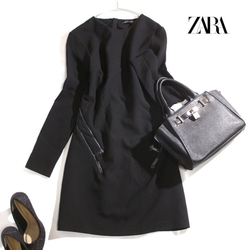 美品 ZARA BASIC ザラ ベーシック 秋 冬 デザイン ジッパー ハード ジャージ― 長袖 ワンピース Sブラック 黒 タイト シンプル Y2K拍卖