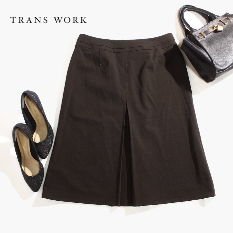 美品 TRANS WORK トランスワーク 株) 三陽商会 合物 膝下丈 ウール混合 毛 Aライン ボックスプリーツ スカート 11号 ブラウン オフィス拍卖