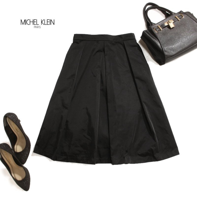 美品 ミッシェルクラン MICHEL KLEIN イトキン(株) 合物 艶 サテン フレアスカート 9号 38 ブラック 黒 サテンスカート 上品 フォーマル 秋拍卖