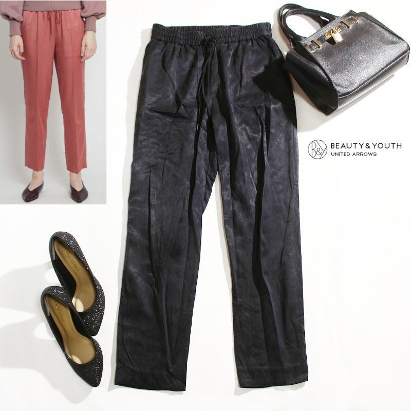 美品 ビューティ&ユース BEAUTY & YOUTH ユナイテッドアローズ UNITED ARROWS 艶 キュプラ イージーパンツ S ブラック 黒 パンツ サテン拍卖