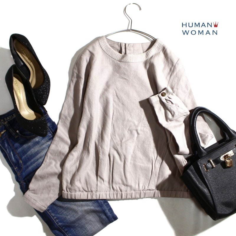 美品 ヒューマンウーマン HUMAN WOMAN 秋 冬 毛100% 丸首 ウール ニットカットソー M ライトグレー ミセス ナチュラル ウールカットソー拍卖