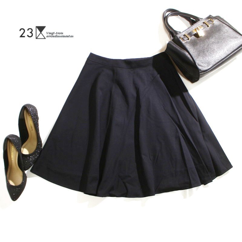 美品 23区 株) オンワード樫山 合物 スーツ フレアスカート 9号 38 ブラック 黒 オフィス 通勤 スカート シンプル レーヨン ポリエステル拍卖