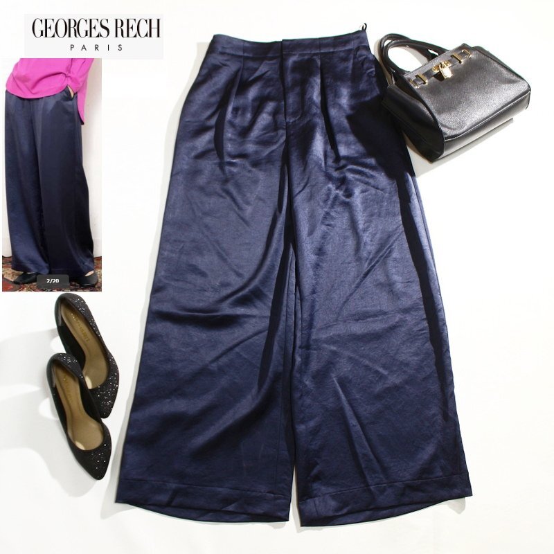 美品 GEORGES RECH ジョルジュ レッシュ 洗える サテンワイドパンツ 40 ネイビー 紺 中肉厚 サテン パンツ ミセス 上品 合物 お洒落 綺麗め拍卖
