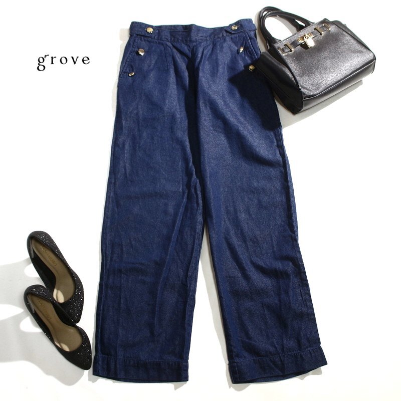 美品 グローブ grove 株) ワールド メタルボタン マリン デニムワイドパンツ M ネイビー 紺 デニムパンツ コットン リヨセル カジュアル拍卖