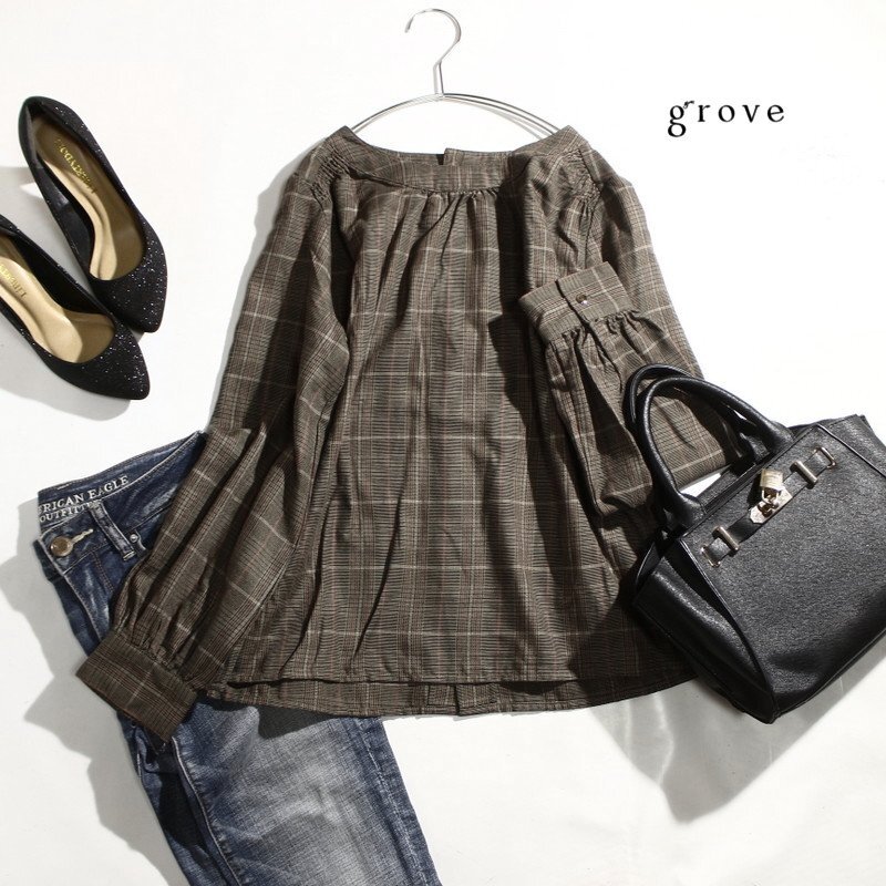美品 グローブ grove 株) ワールド 合物 チェック柄 ポリエステル ギャザー 長袖 ブラウス S ダークブラウン カットソー プルオーバー拍卖