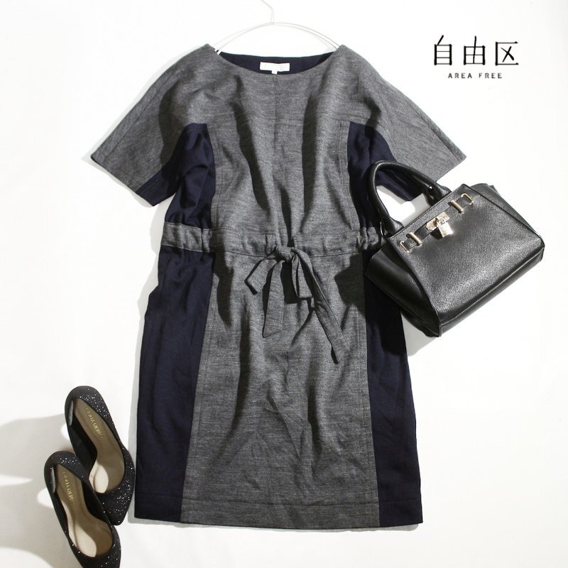 美品 ジユウク 自由区 株) オンワード樫山 上品 バイカラー 半袖 ワンピース 9号 38 ネイビー 紺 グレー フォーマル ミセス 綺麗め ベルト拍卖