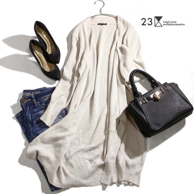 美品 23区 株) オンワード樫山 綿100% コットン ロングニットカーディガン 9号 38 ライトベージュ ミセス カーディガン 羽織 ニット拍卖