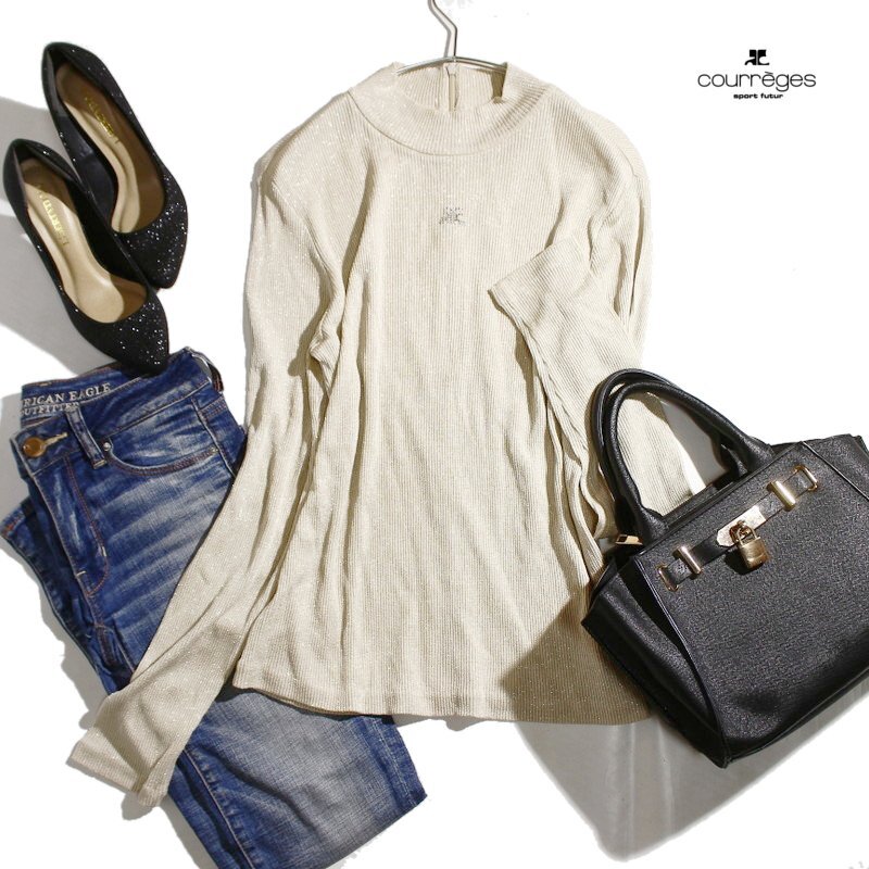 美品 クレージュ Courreges さらり ラインストーン ロゴ 長袖 ラメニットカットソー 9号 シャンパンゴールド リブニット ストレッチ ニット拍卖