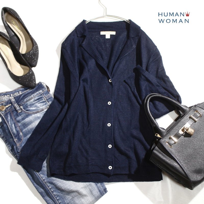 美品 ヒューマンウーマン HUMAN WOMAN 麻100% オーガンジー リネンニットカーディガン M ネイビー 紺 カーディガン サマーニット リネン拍卖