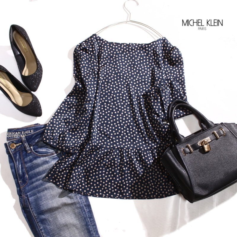 美品 ミッシェルクラン MICHEL KLEIN 合物 艶 ドット 柄 七分袖 シフォン ブラウス 9号 38 ネイビー ベージュ ストレッチ ミセス オフィス拍卖