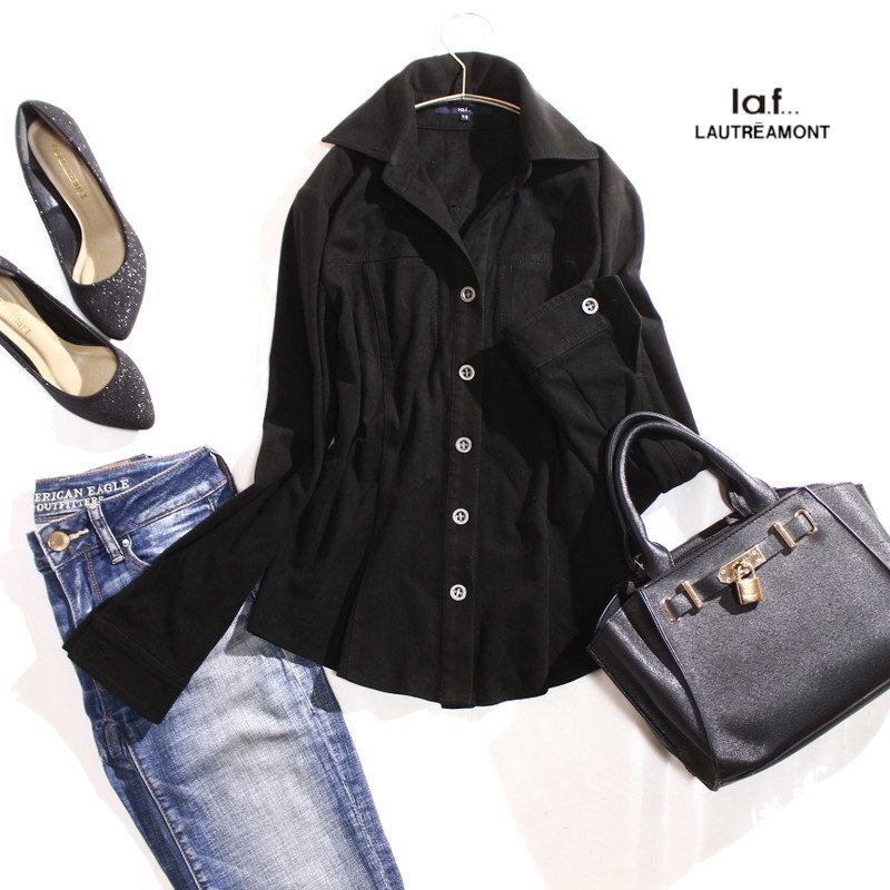 美品 laf... ロートレアモン LAUTREAMONT 秋 冬 スエードライク 綺麗ライン 細身 長袖 シャツ 1S ブラック 黒 7号 ブラック 黒 ミセス拍卖
