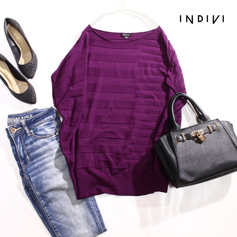 美品 インディヴィ INDIVI 株) ワールド 合物 凸凹 ボーダー柄 ドルマンスリーブ 半袖 ストレッチ ニットカットソー 9号 38 パープル 紫拍卖