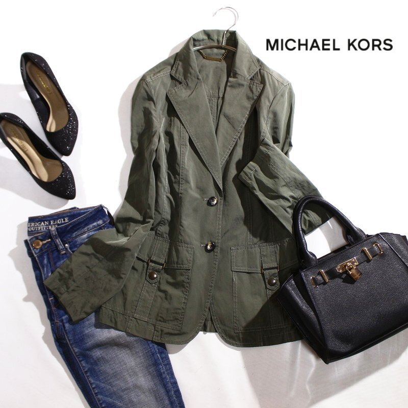 美品 マイケルコース MICHAEL KORS 秋 春 合物 ロゴ ナイロン コットン ジャケット ブルゾン 4 カーキグリーン 緑 ほんのり艶 ステッチ拍卖