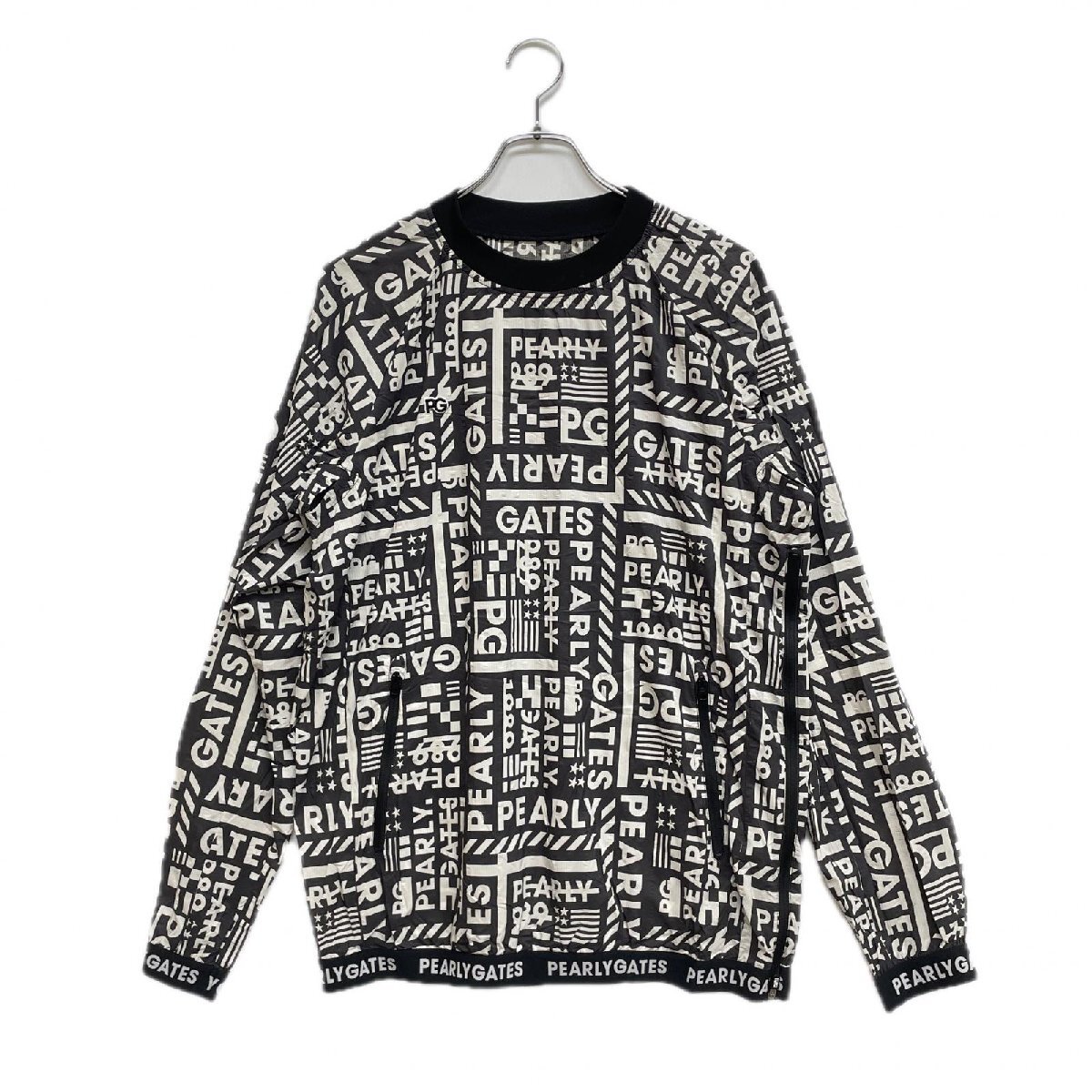 coco 中古 パーリーゲイツ PEARLY GATES メンズ ウィンドブレーカー 5(L) 黒×白 長袖 薄手 総柄 クルーネック ネコパケ発送可 120533拍卖