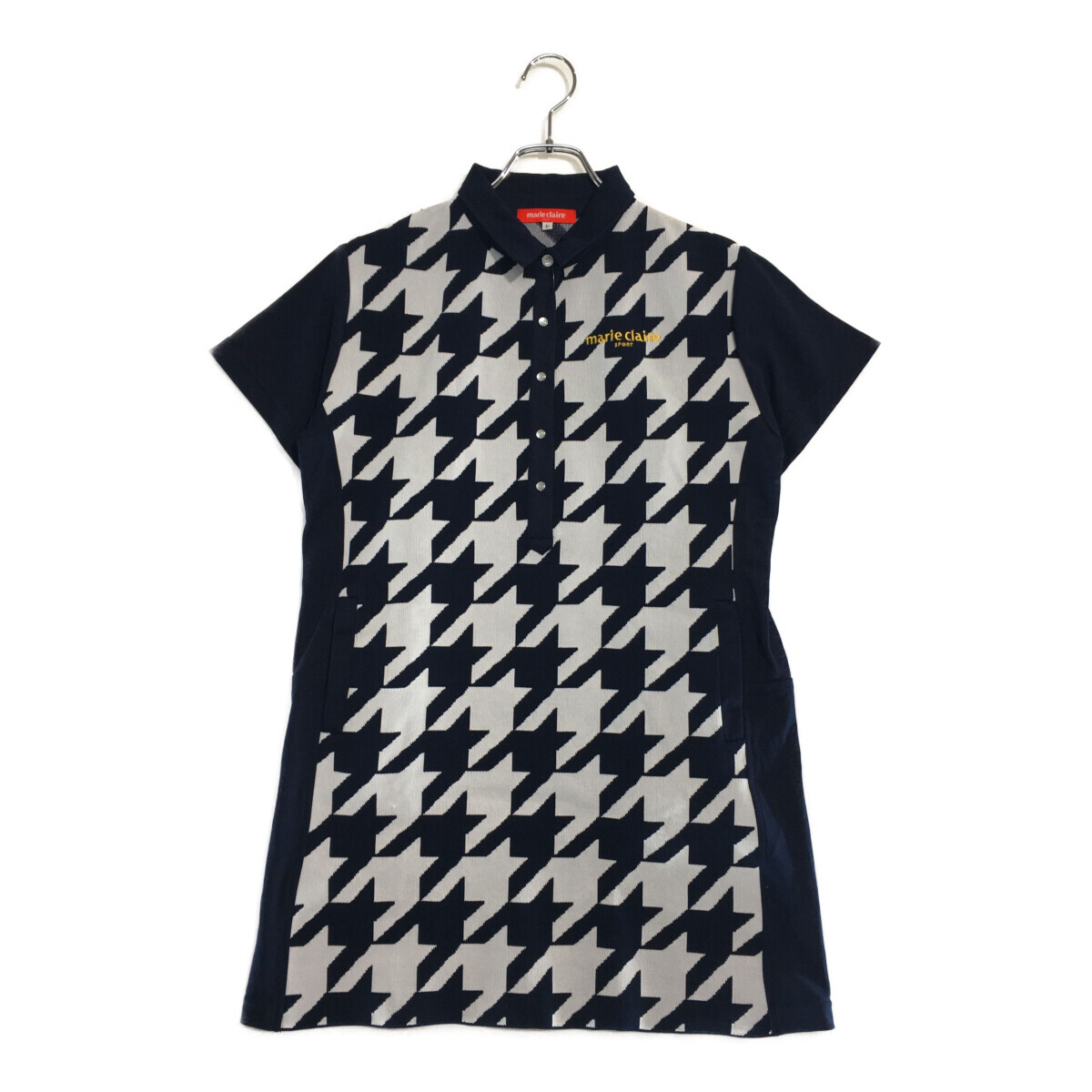 coco 中古【値下げ】 マリクレール mariclaire レディース ワンピース L 紺×白 半袖 ニット 千鳥格子柄 レターパックプラス発送可 102118拍卖