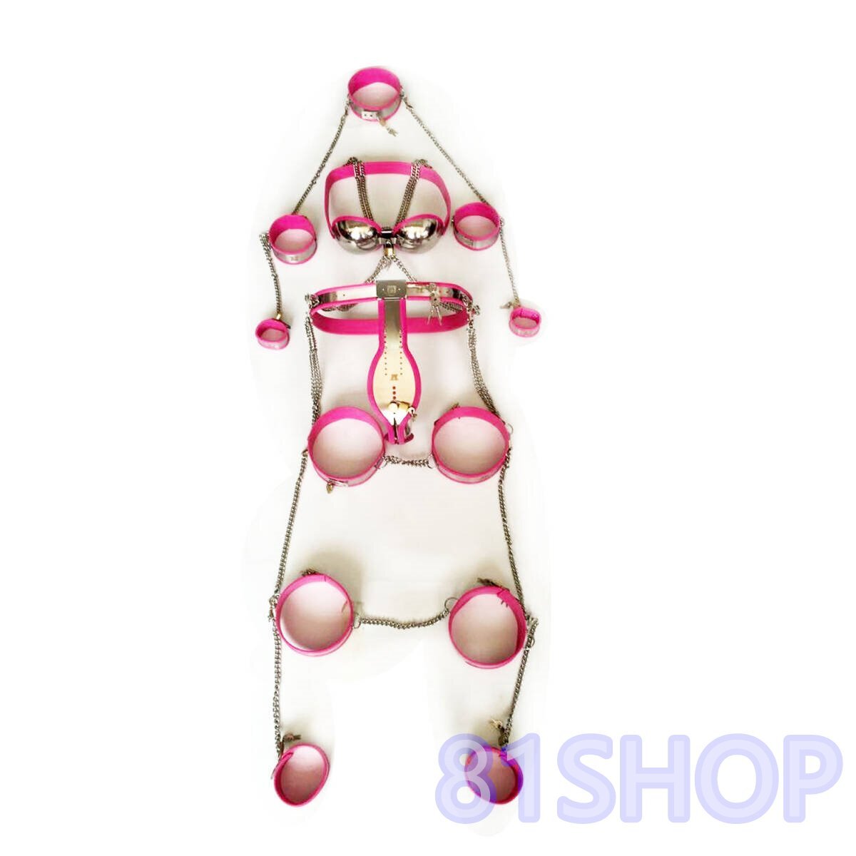 男性の鋼の貞操帯、 8個/セットオスの貞操ベルトBDSMボンデージセットステンレススチール母乳純正ベルト手錠レッグカフセック 90-110CM拍卖