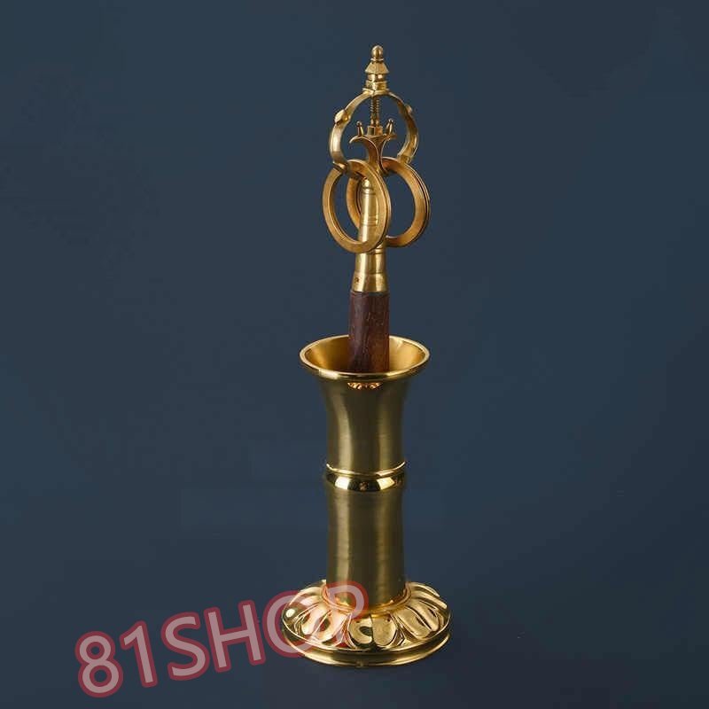 錫杖 真鍮 密教 仏具 密教法具 寺院仏具 黒壇柄 しゃくじょう 鳴杖 台座付き (中型 長さ28cm)拍卖