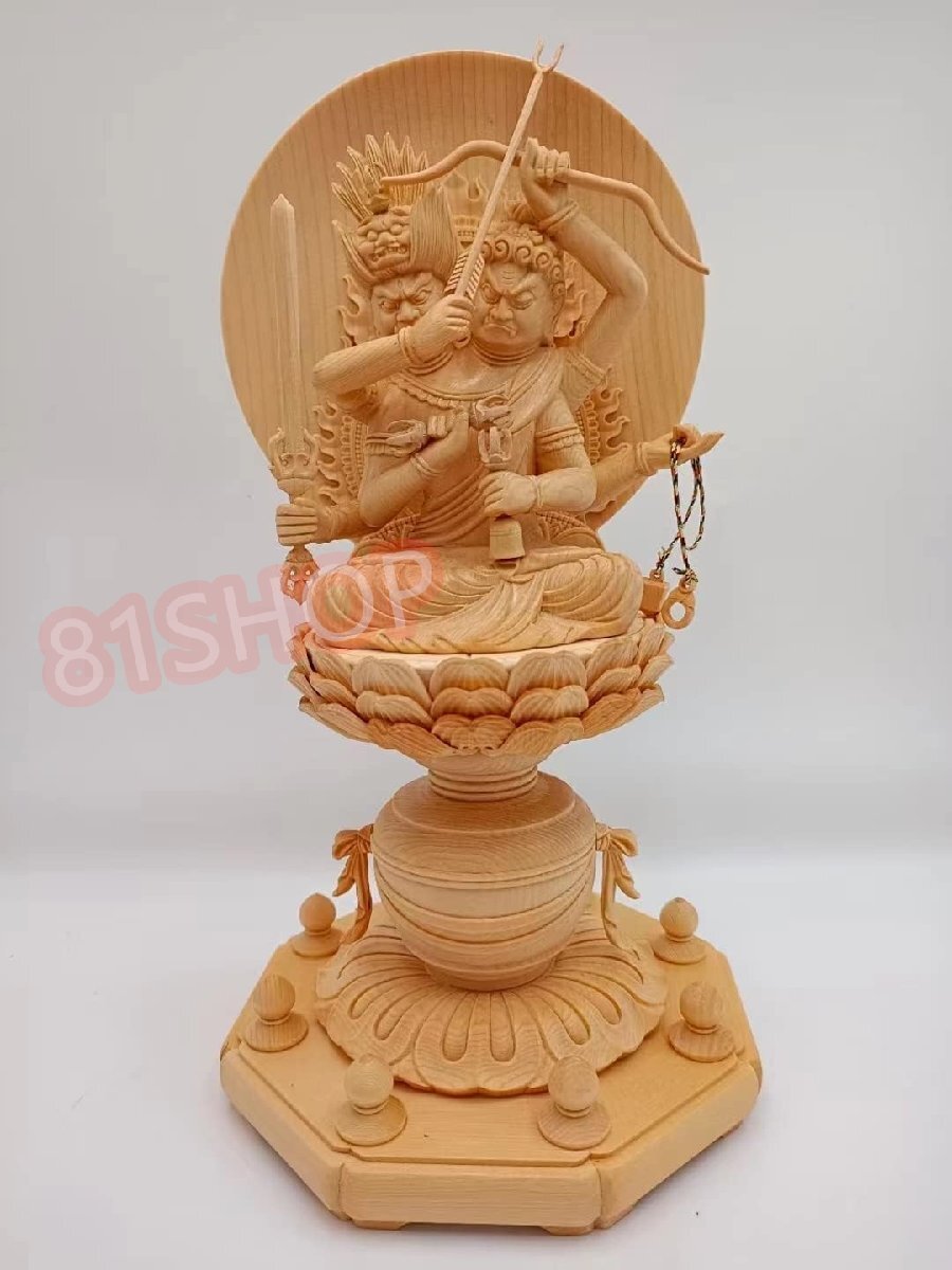 仏像 両頭愛染明王 宝瓶台 桧木 木彫り仏像 仏壇仏像 総高30cm拍卖