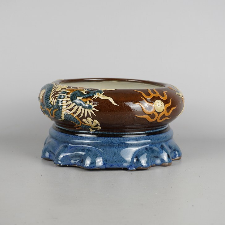 【中古】 鉢 水鉢 落款あり 中型 長辺 約20cm 丸型 色絵 龍 りゅう リュウ 鳳凰 水連鉢 水盤 盆栽 花器 水瓶 現品 中古拍卖