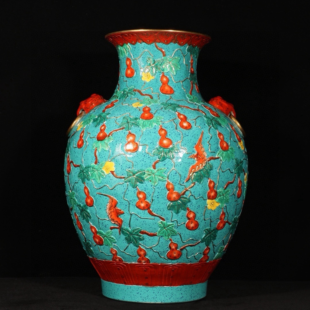 清時代 乾隆 琺瑯彩 象耳尊 唐物 箱付き 陶磁器 中国美術 古美術 置物 高さ46cm 直径31cm RG534拍卖