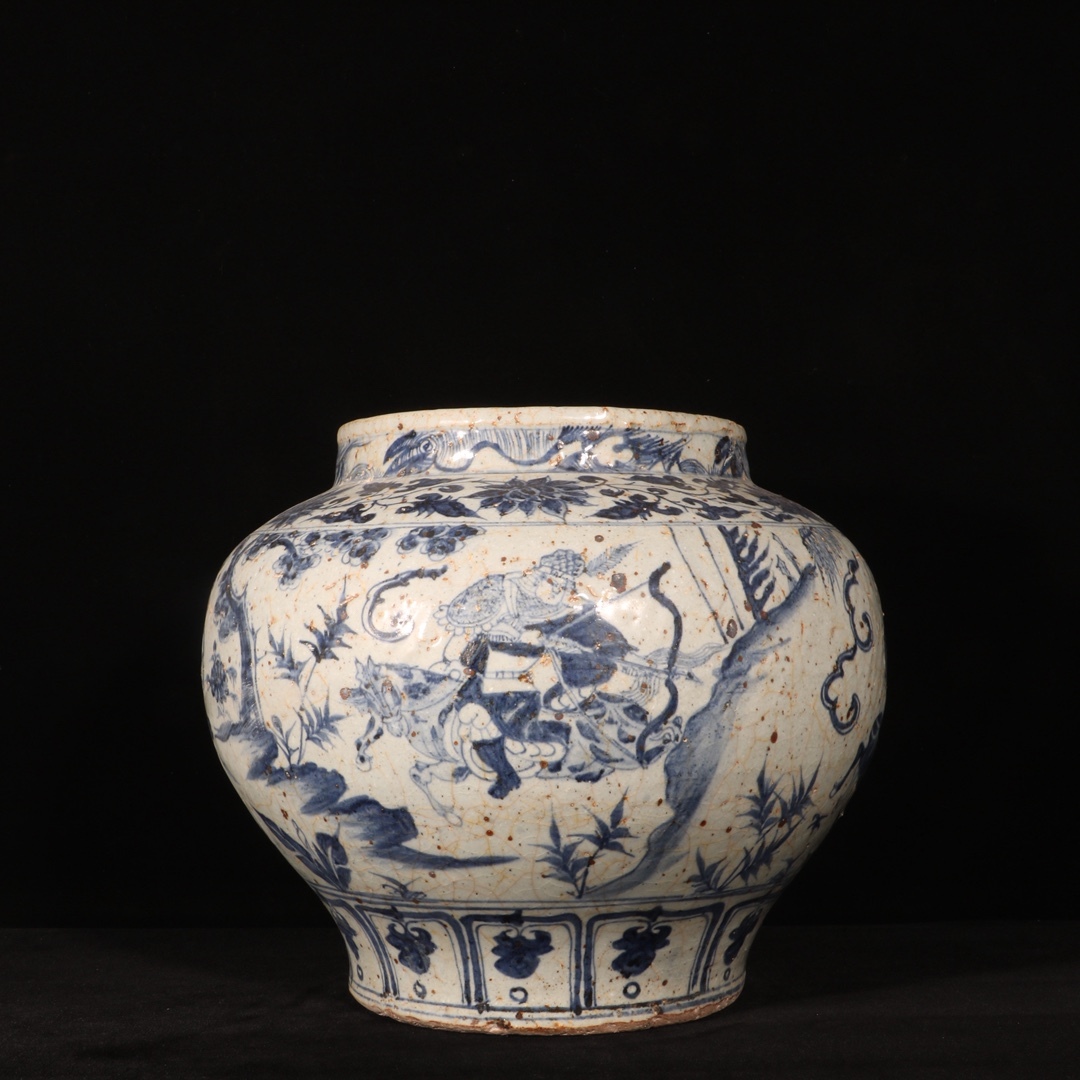 元青花 染付 李广将軍文罐 唐物 箱付き 陶磁器 中国美術 古美術 置物 高さ29cm 直径34cm RG592拍卖