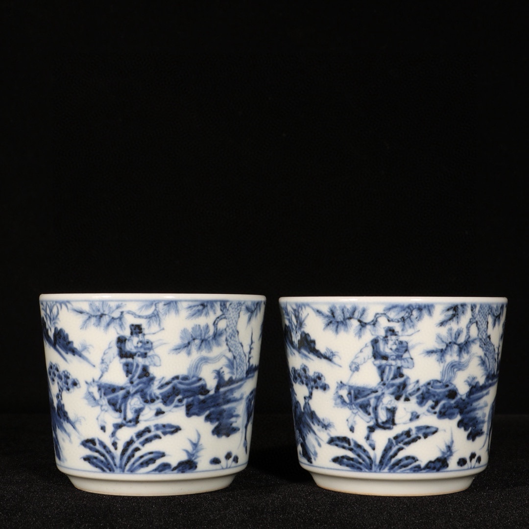 元青花 染付 蕭何月下追韓信杯2客 唐物 箱付き 陶磁器 中国美術 古美術 置物 高さ6cm 直径7.5cm RG599拍卖