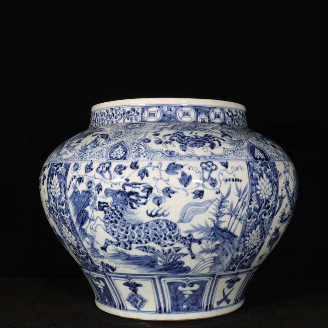 元青花 染付 麒麟獅子文罐 唐物 箱付き 陶磁器 中国美術 古美術 置物 高さ28cm 直径32cm RG600拍卖