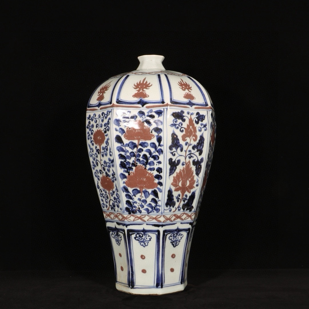 元青花 染付 釉里紅 花卉文八稜梅瓶 唐物 箱付き 陶磁器 中国美術 古美術 置物 高さ45cm 直径23cm RG616拍卖