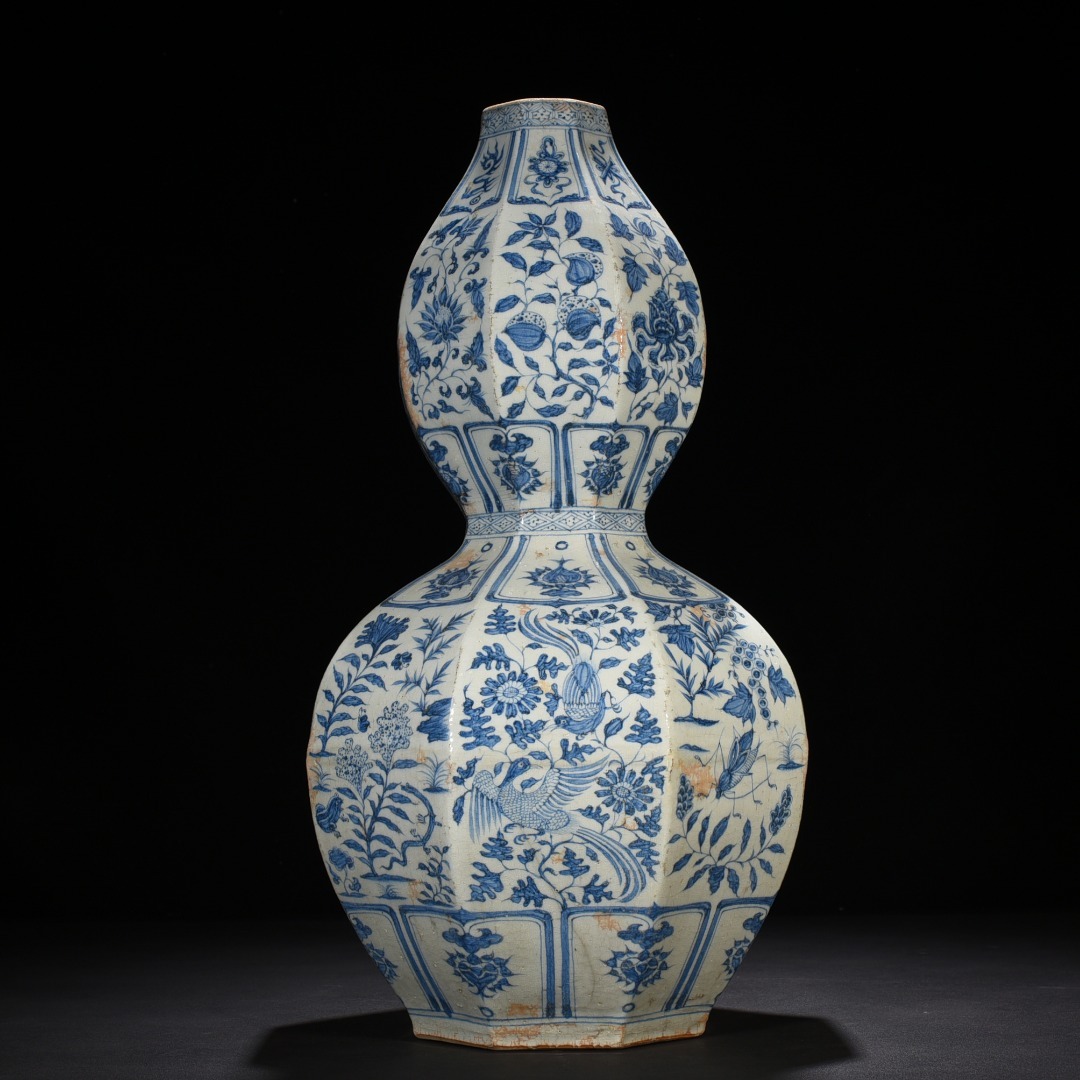 元時代 青花 染付 花卉文八方瓢形瓶 唐物 箱付き 陶磁器 中国美術 古美術 置物 骨董品 H24拍卖