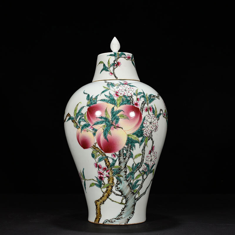 清時代 乾隆 粉彩 五福九桃文 福寿梅瓶 唐物 箱付き 陶磁器 中国美術 古美術 置物 骨董品 H53拍卖