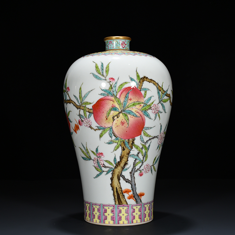 清時代 乾隆 粉彩 五福九桃文梅瓶 唐物 箱付き 陶磁器 中国美術 古美術 置物 骨董品 H54拍卖