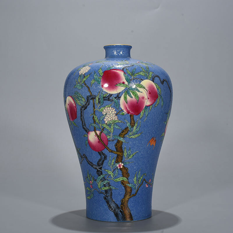 清時代 雍正 藍釉 粉彩 五福八桃福寿梅瓶 唐物 箱付き 陶磁器 中国美術 古美術 置物 骨董品 H55拍卖