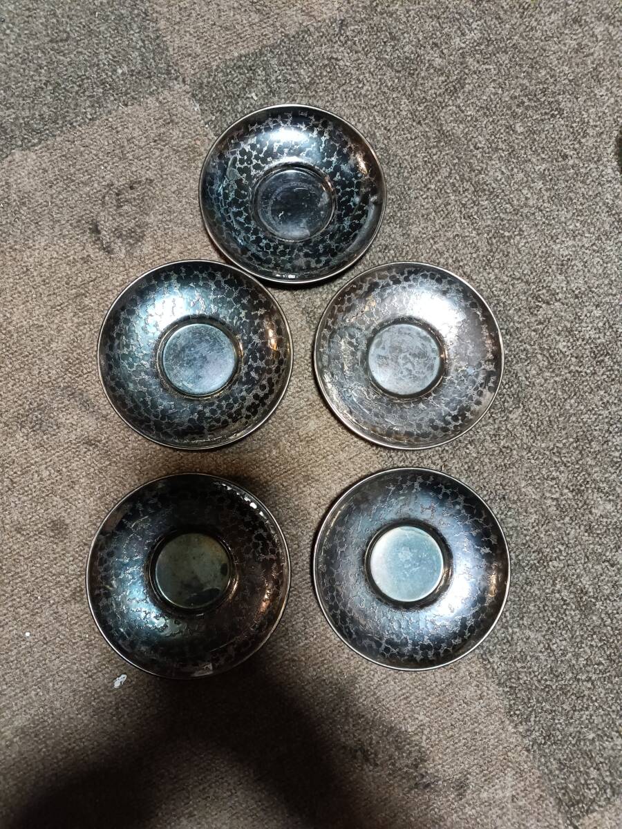 1-14 16 17 いぶし銀 銅造 輪花 茶道具 茶托 茶器揃拍卖