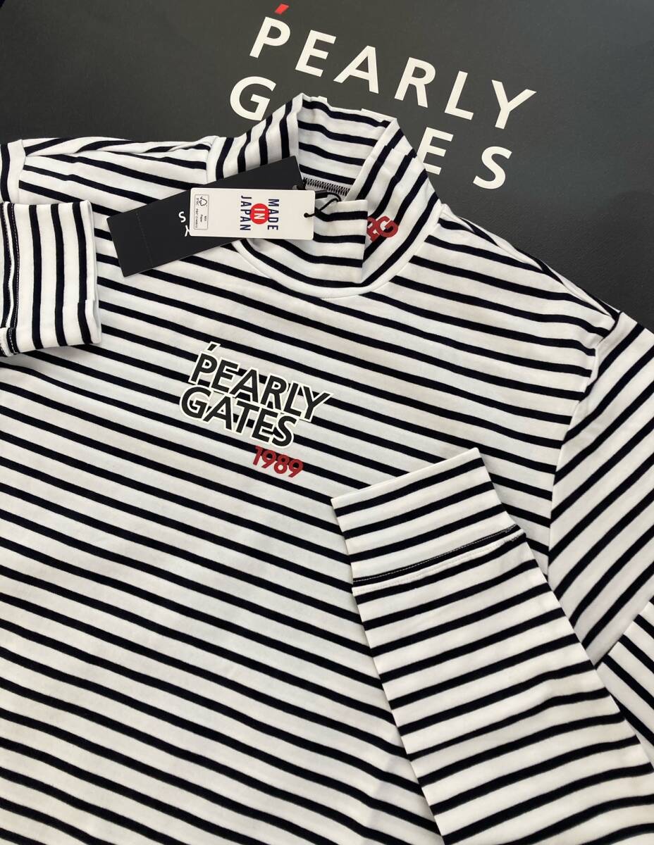 新品 パーリーゲイツ ベア天竺ボーダー 長袖ハイネックカットソー(6)サイズLL/白 PEARLY GATES拍卖