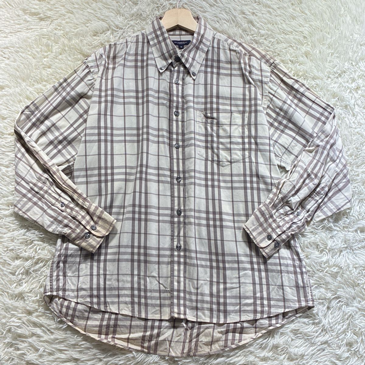 L相当◎BURBERRY LONDON バーバリー ロンドン 長袖シャツ ノバチェック ボダダウン BD グレー ホワイト 白 ワンポイント ポニー刺繍 メンズ拍卖