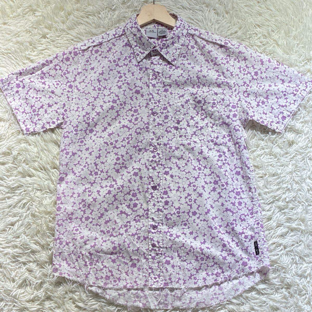 希少◎ARMANI EXCHANGE アルマーニエクスチェンジ 半袖シャツ 花柄 総柄 白×紫 羽織 ダメージ加工 メンズ拍卖