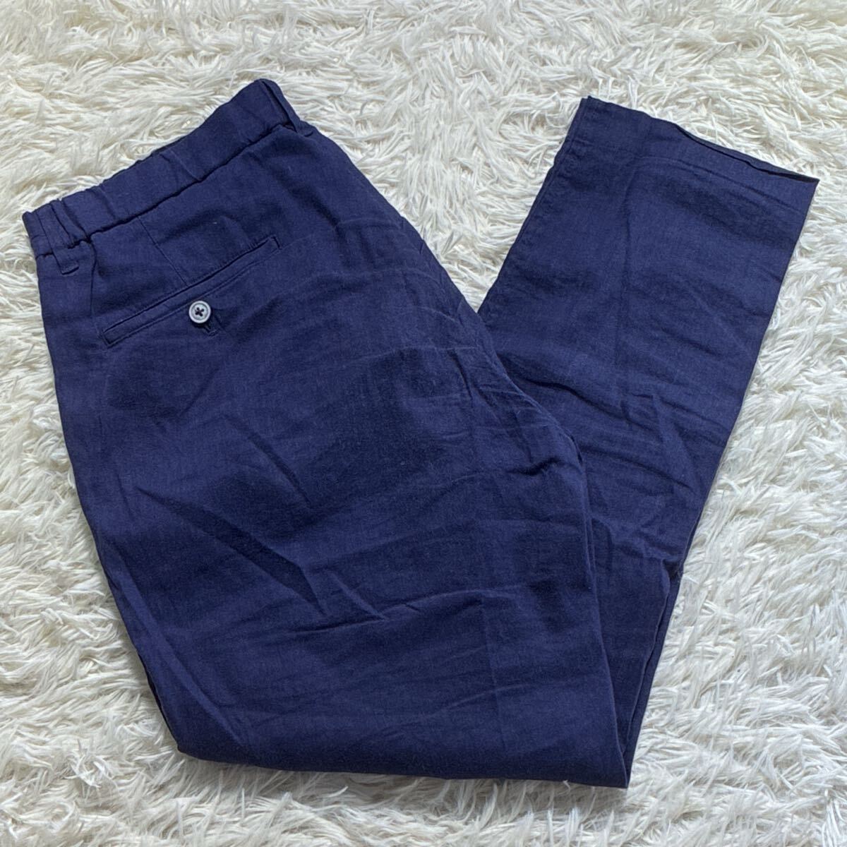 美品/Lサイズ◎EDIFICE エディフィス テーパードパンツ スラックス パンツ リネン 麻 紺 ネイビー ウエストゴム 調整可能 メンズ 紳士服拍卖