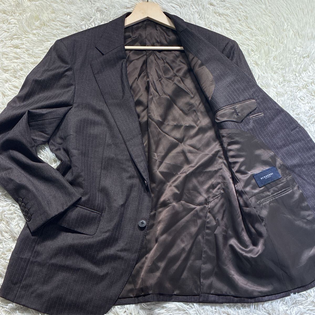 極美品◎BURBERRY LONDON バーバリーロンドン テーラードジャケット シルク混 絹 ブラウン ストライプ 羊毛 メンズ 2B 通勤 ビジネス拍卖